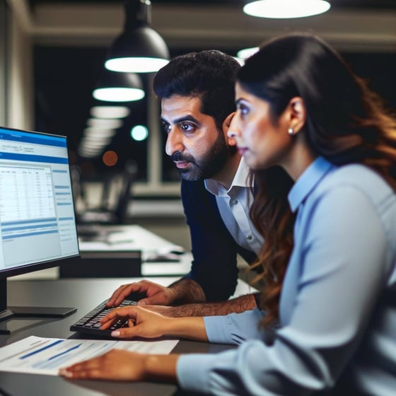 Dos personas trabajando en la administración de una flota de coches de una empresa, mirando una computadora y evaluando los servicios de mantenimiento